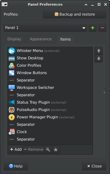 xfce4-panel - panel configuration list