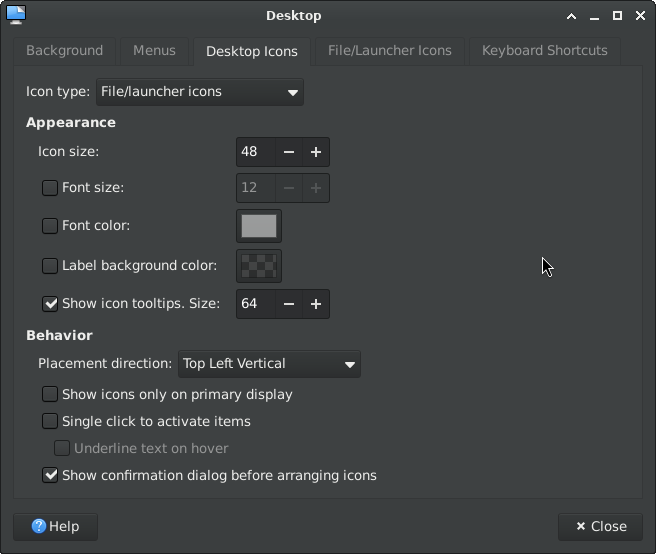 xfdesktop - settings - desktop icons