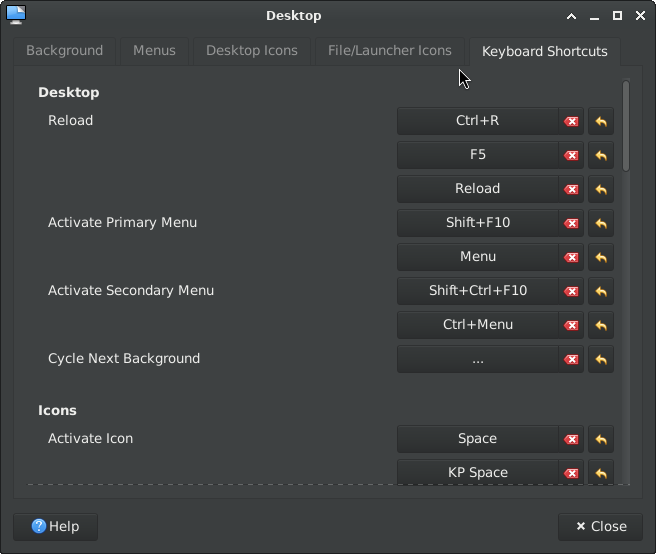 xfdesktop - settings - keyboard shortcuts