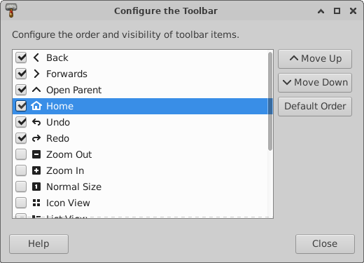 Thunar - Toolbar Configuration Dialog