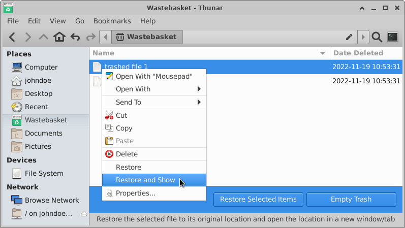 Thunar - Trash Infobar and Date Deleted Column